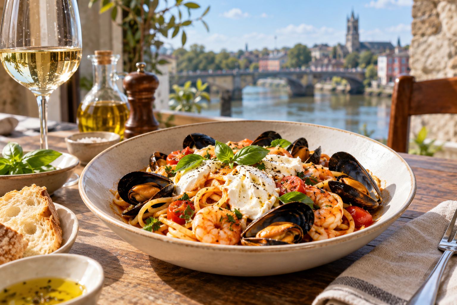 Seafood pasta on a bright rustic Italian table